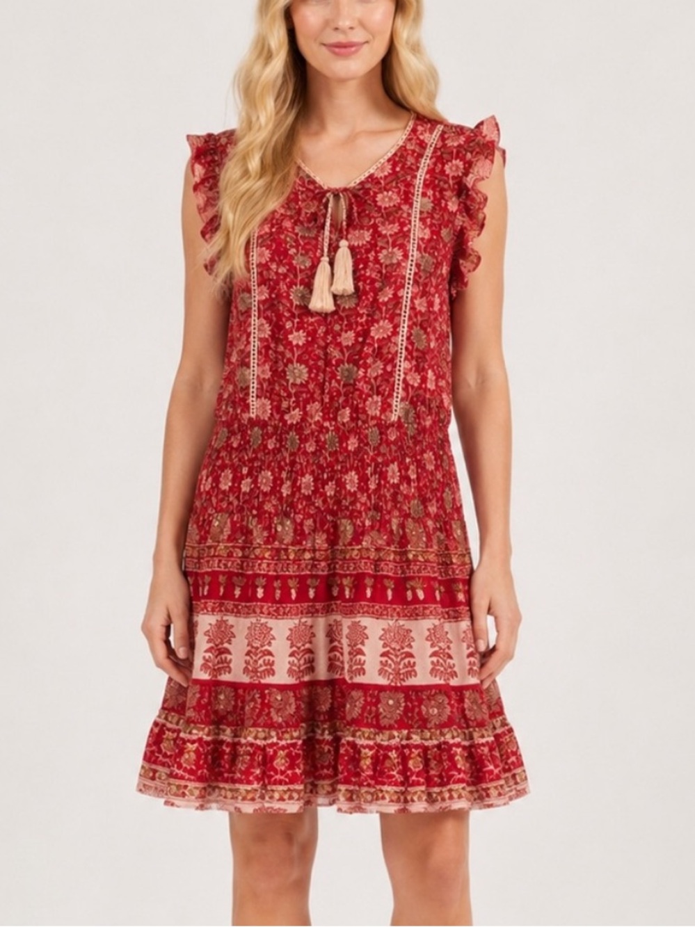 M.A.B.E Patti Sundress Red Floral Boho Ruffle Tassel Smocked Dress M 6101